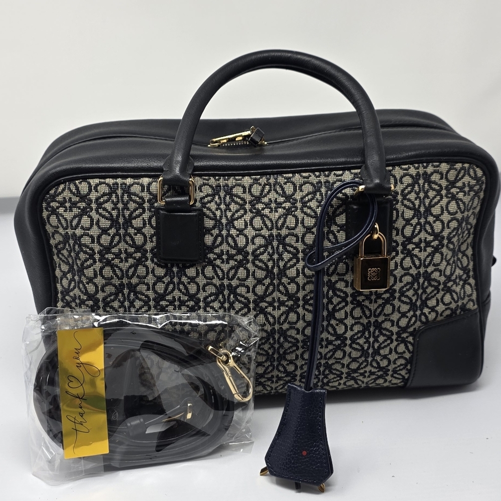 Loewe Navy Leather & Beige Anagram Canvas Top-Handle Satchel